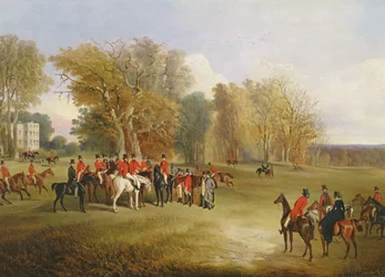 A hunt meet in a parkland with a country house